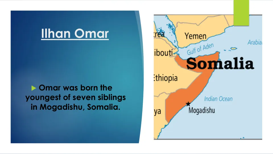 Biography slide stating Omar was born in Mogadishu, Somalia, as the youngest of seven siblings, with a map