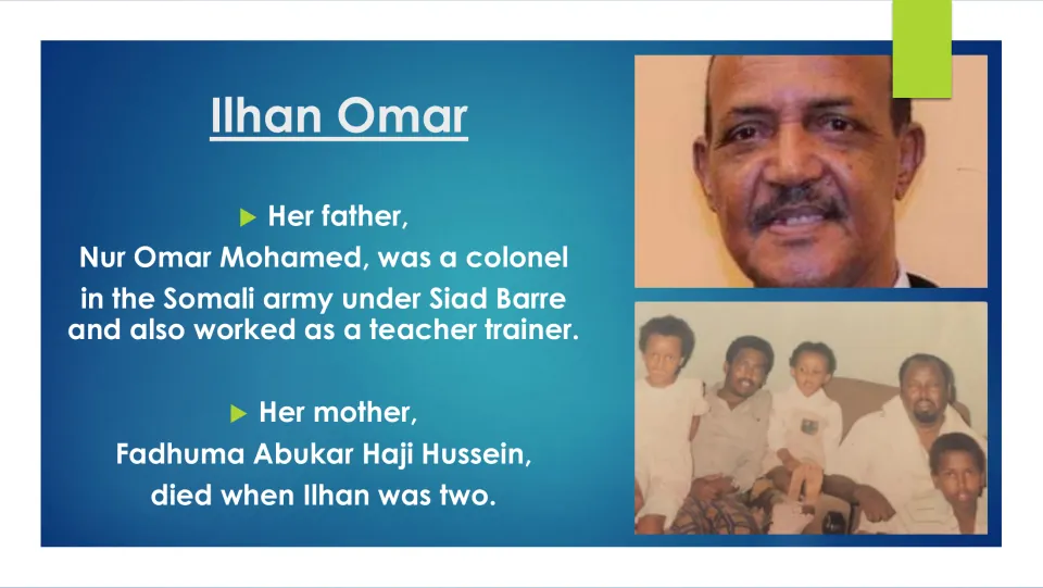 Biography slide about Omar's father, an army colonel and teacher trainer, and her mother's death