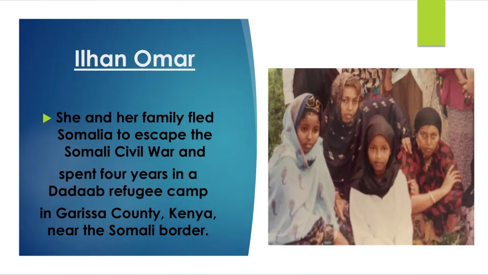 Biography slide describing Omar's family fleeing Somalia's civil war and spending four years in Dadaab