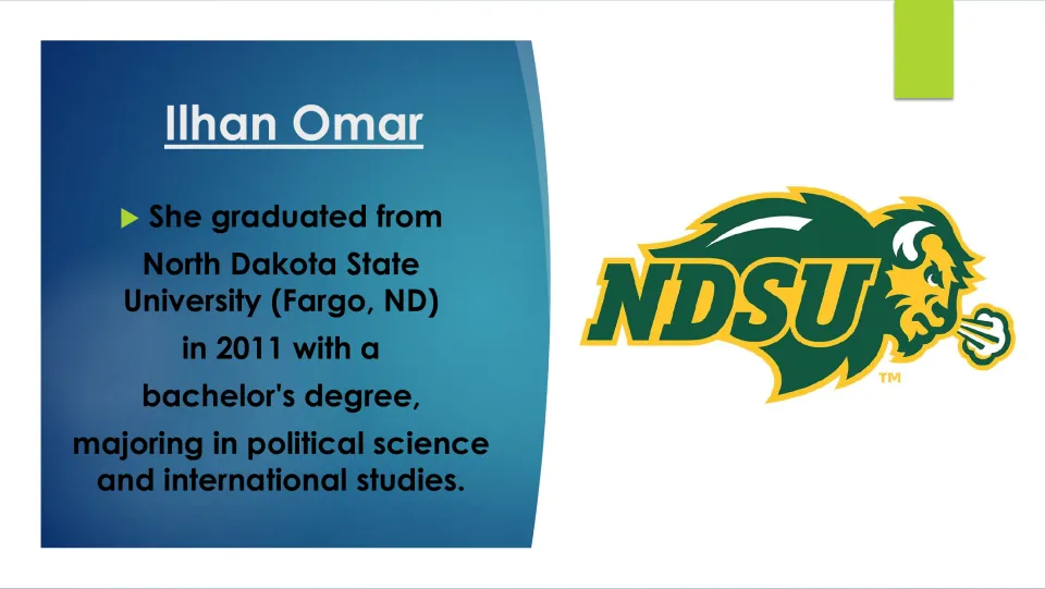 Biography slide covering Omar's 2011 NDSU bachelor's degree in political science and international studies