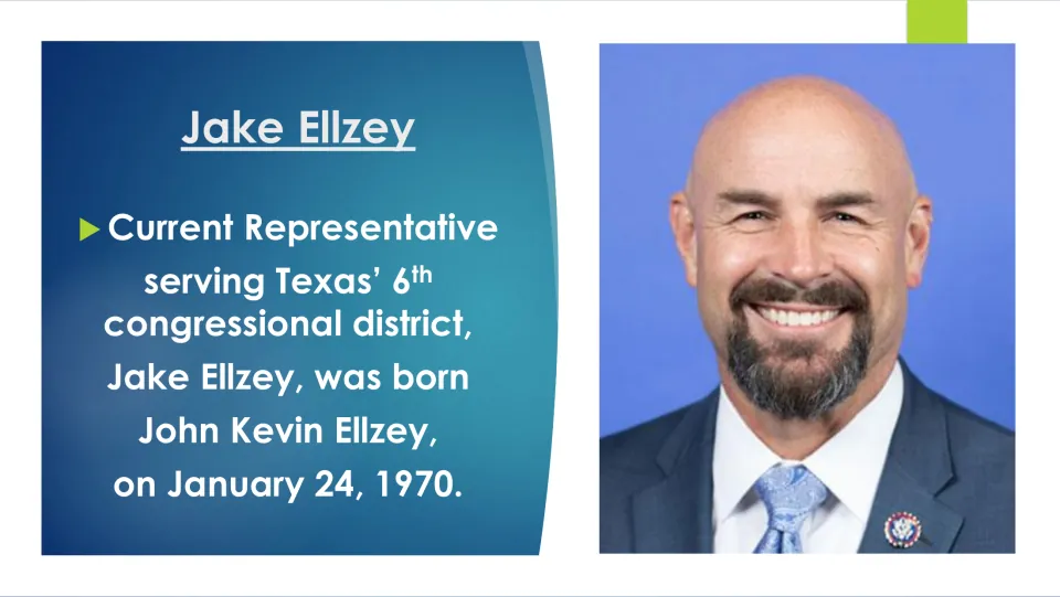 Biography slide naming Jake Ellzey as John Kevin Ellzey, born January 24, 1970, and representing Texas