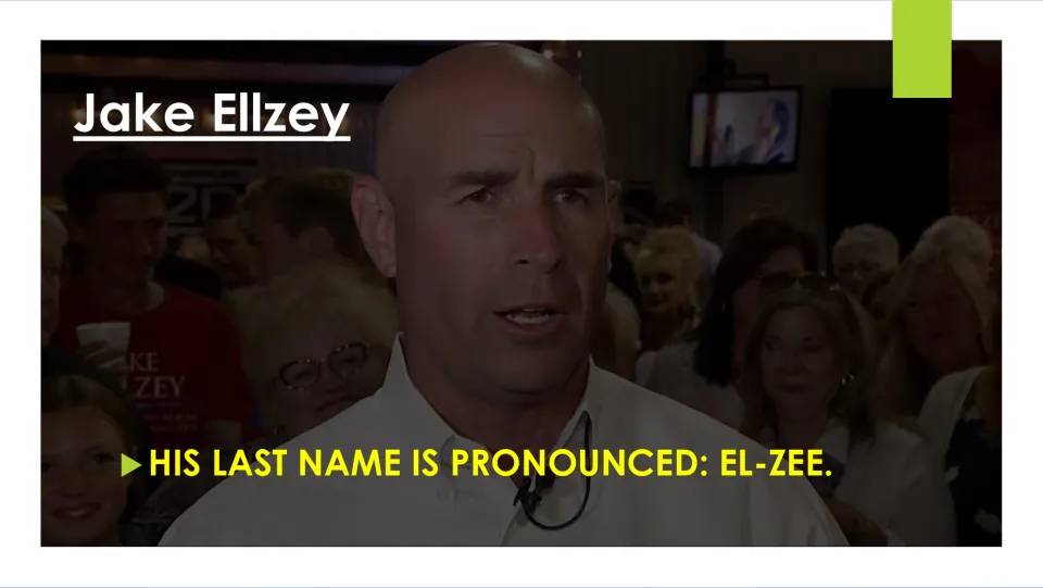 Biography slide explaining that Jake Ellzey’s last name is pronounced “EL-ZEE,” with an interview photo