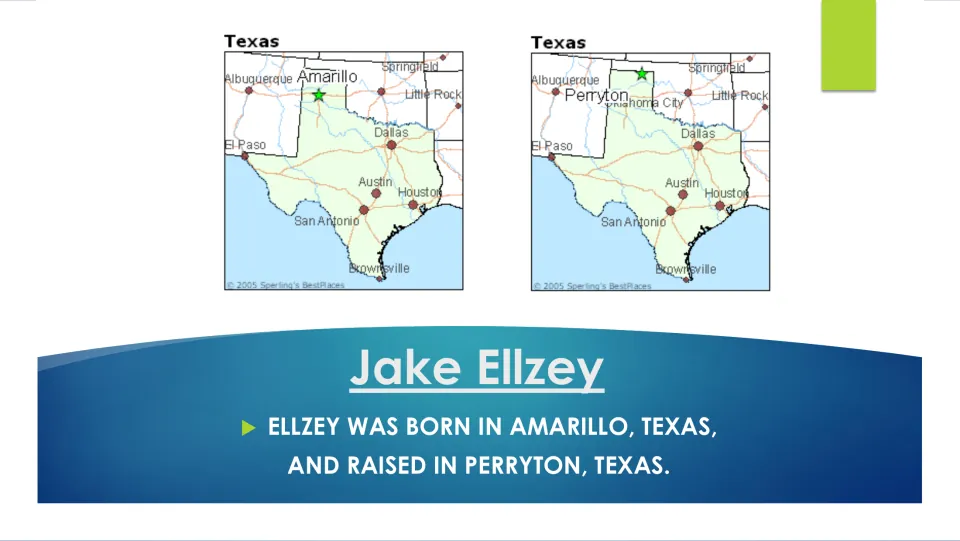 Biography slide identifying Amarillo, Texas, as Ellzey’s birthplace and Perryton as where he was raised