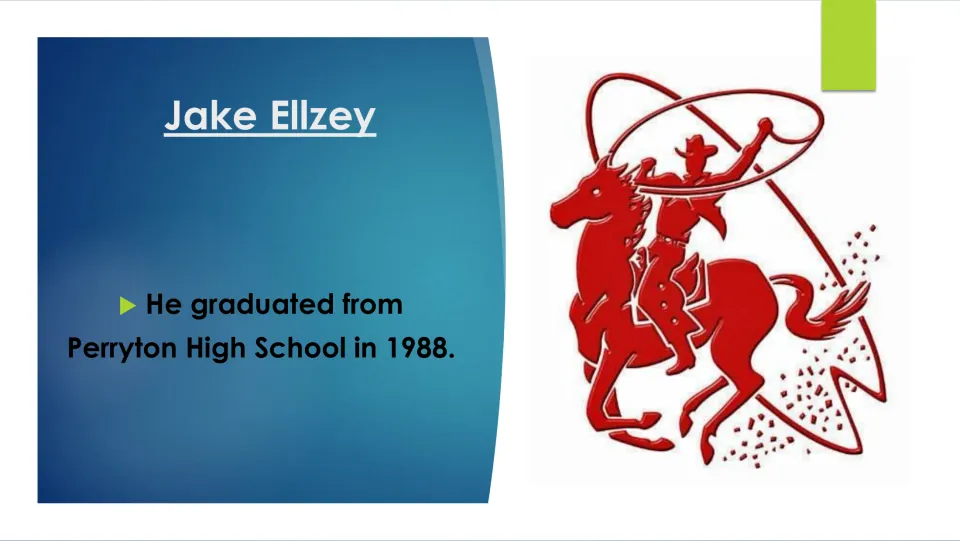 Biography slide covering Jake Ellzey’s early education and graduation from Perryton High School in 1988