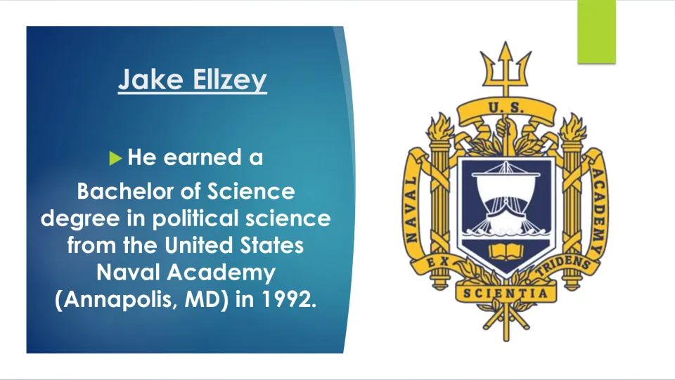 Biography slide on Ellzey’s 1992 Bachelor of Science in political science from the U.S. Naval Academy