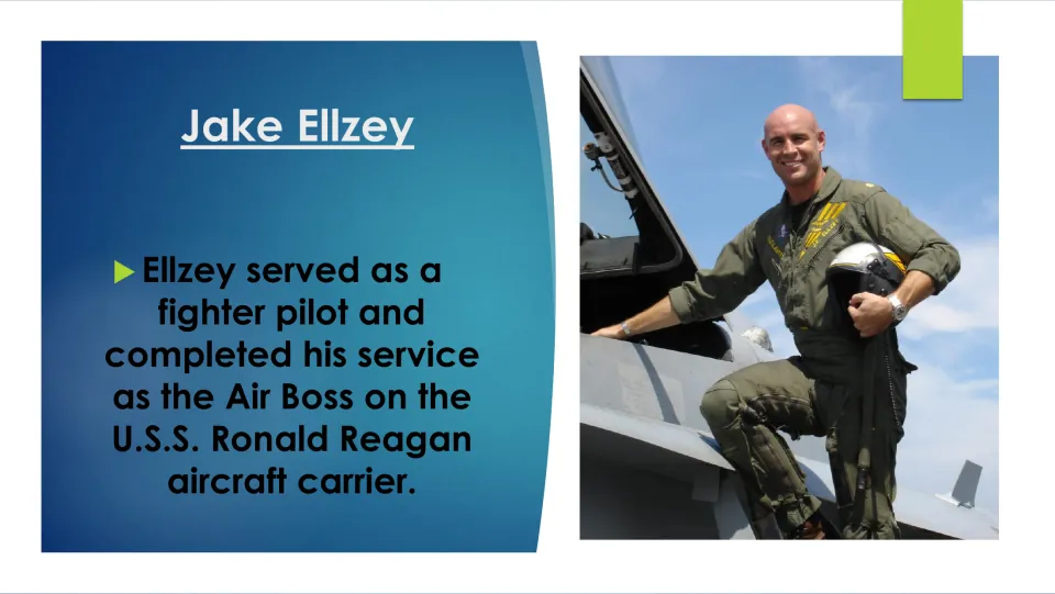 Biography slide describing Ellzey’s service as a fighter pilot and Air Boss aboard USS Ronald Reagan