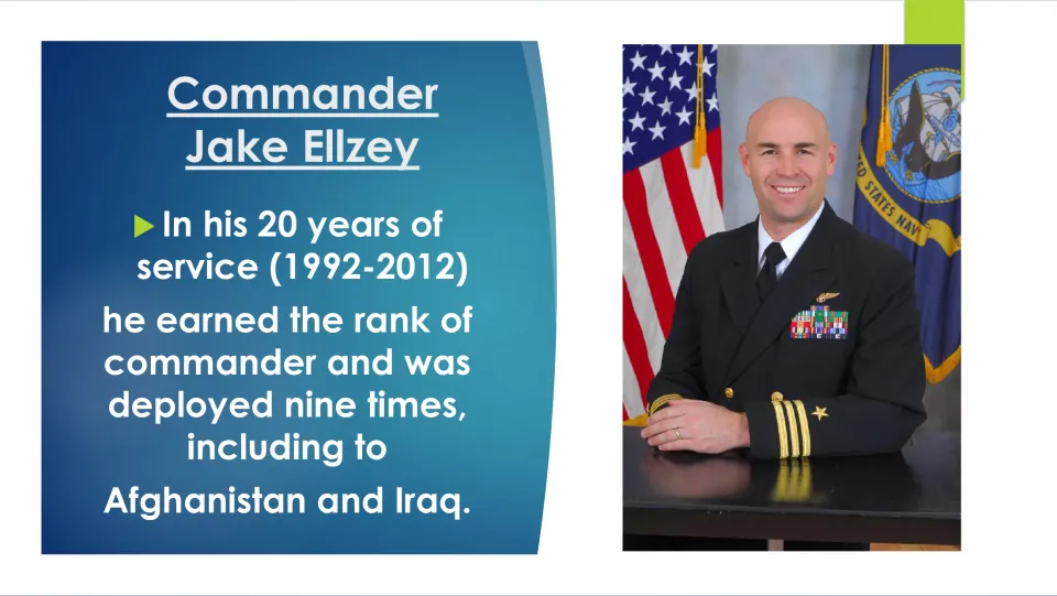 Biography slide on Ellzey’s 1992–2012 Navy service, commander rank, and nine deployments, including Iraq