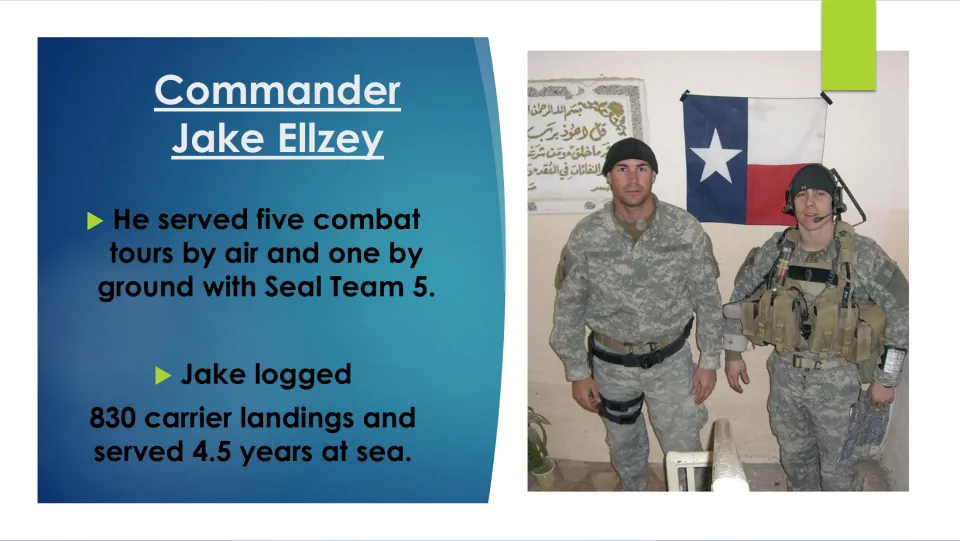 Biography slide listing Ellzey’s five air combat tours, one ground tour, 830 carrier landings, and sea service