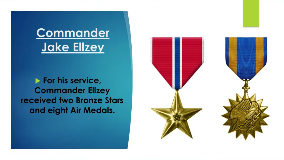 Biography slide listing Commander Ellzey’s two Bronze Stars and eight Air Medals, with images of both medals