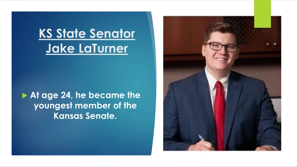 Biography slide stating that LaTurner became the youngest member of the Kansas Senate at age 24
