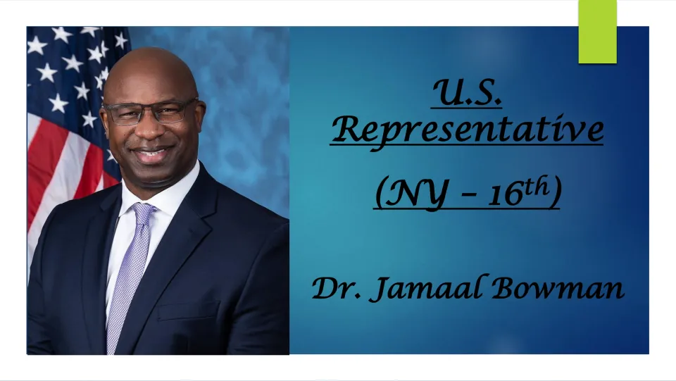 Biography cover introducing Dr. Jamaal Bowman as U.S. Representative for New York's 16th district