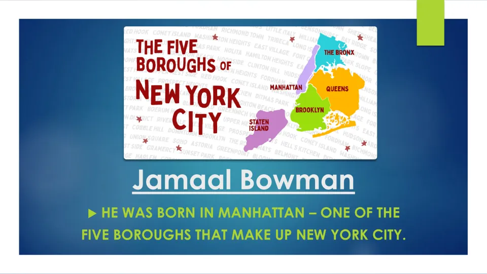 Biography slide identifying Manhattan as Jamaal Bowman's birthplace, with a map of NYC's five boroughs