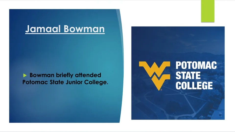 Biography slide noting that Jamaal Bowman briefly attended Potomac State Junior College, with its logo