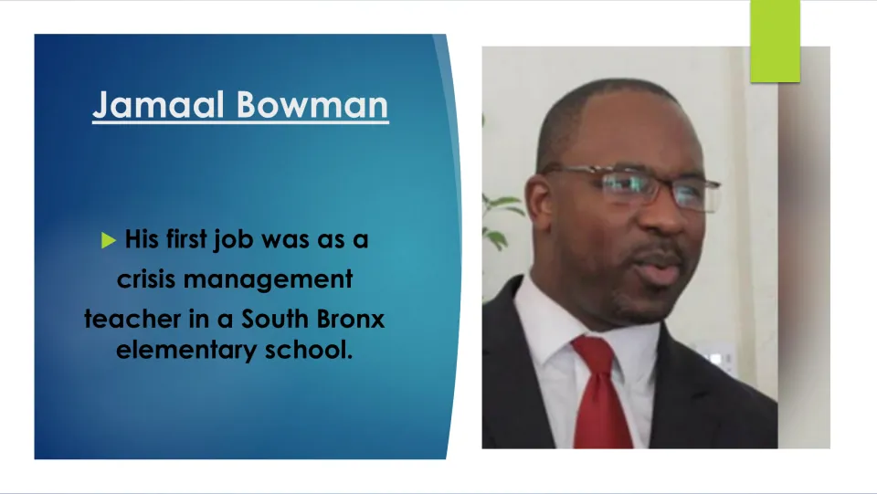Biography slide identifying Bowman's first job as a crisis management teacher at a South Bronx elementary school