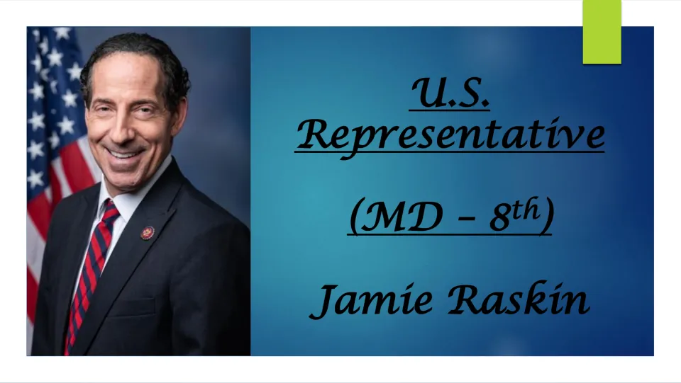 Biography presentation cover identifying Jamie Raskin as U.S. Representative for Maryland’s 8th district