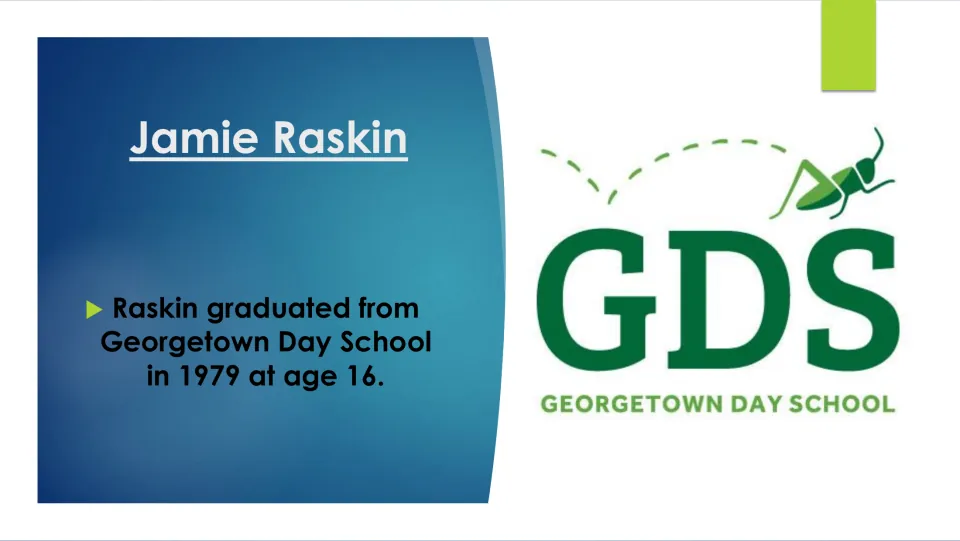 Biography slide stating Jamie Raskin graduated from Georgetown Day School in 1979 at age 16, with the school logo