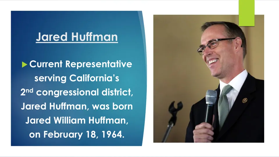 Biography slide introducing Jared William Huffman, born February 18, 1964, and his California district