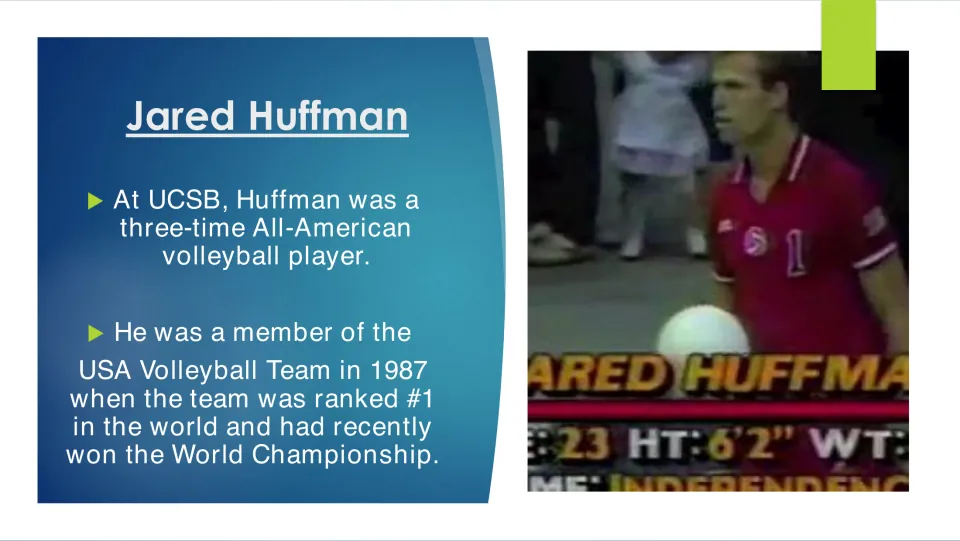 Athletics slide covering Jared Huffman's three All-American honors at UCSB and 1987 USA Volleyball membership