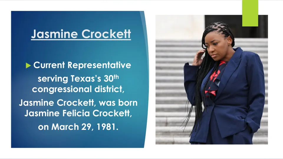 Biography slide naming Jasmine Felicia Crockett, her March 29, 1981 birthdate, and Texas’s 30th district