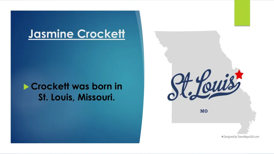 Birthplace slide stating Jasmine Crockett was born in St. Louis, Missouri, beside a labeled Missouri map