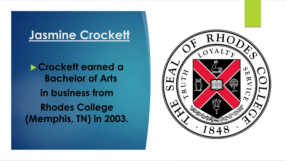 College education slide listing Crockett’s 2003 Bachelor of Arts in business from Rhodes College in Memphis