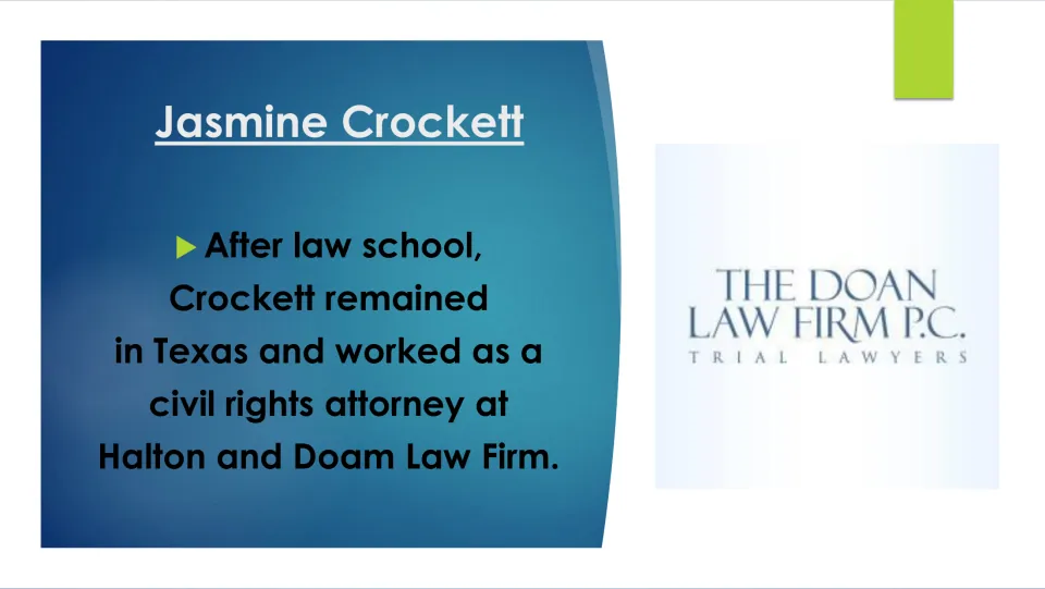 Legal career slide stating Crockett remained in Texas after law school and worked as a civil rights attorney