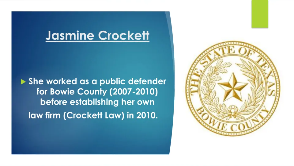 Legal career slide covering Crockett’s Bowie County public defender work from 2007–2010 and her 2010 law firm