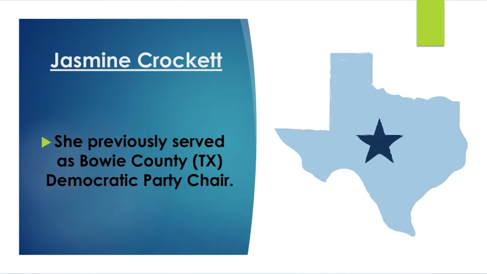 Political career slide identifying Crockett’s previous role as Bowie County, Texas, Democratic Party chair