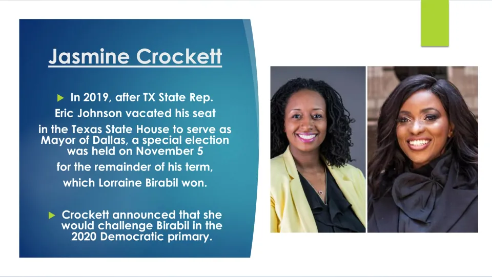 Election history slide covering Lorraine Birabil’s 2019 victory and Crockett’s planned 2020 primary challenge