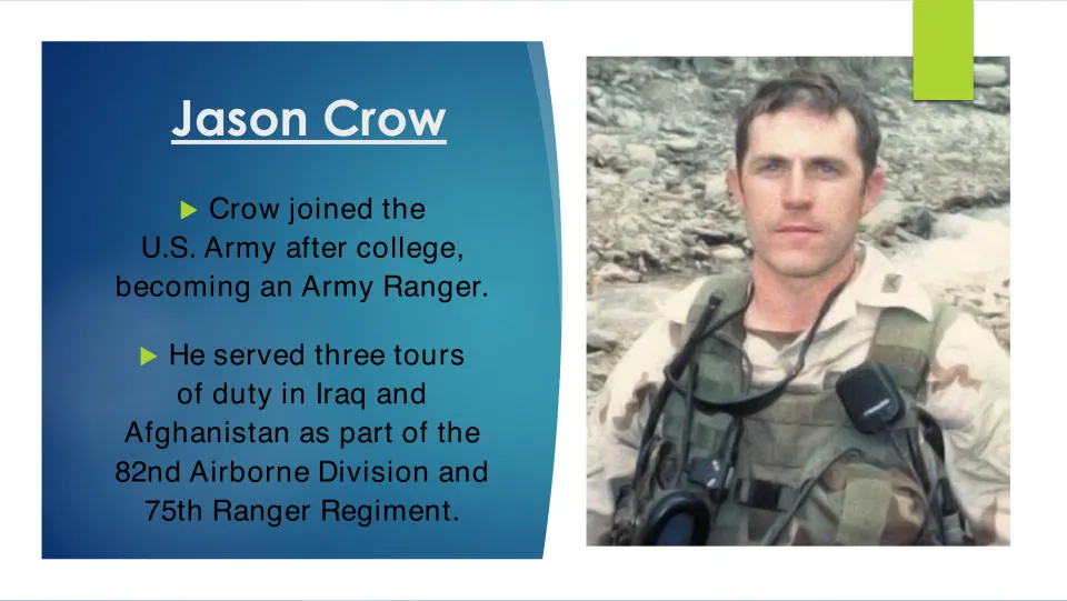 Military biography slide describing Jason Crow becoming an Army Ranger and serving three tours in Iraq and Afghanistan
