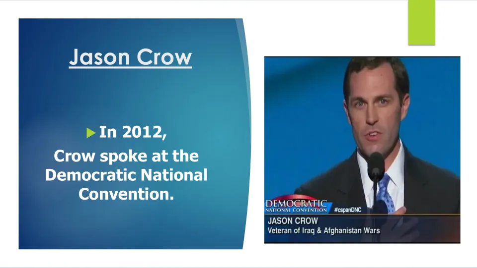 Biography slide noting Jason Crow’s speech at the 2012 Democratic National Convention, with a photo of him speaking