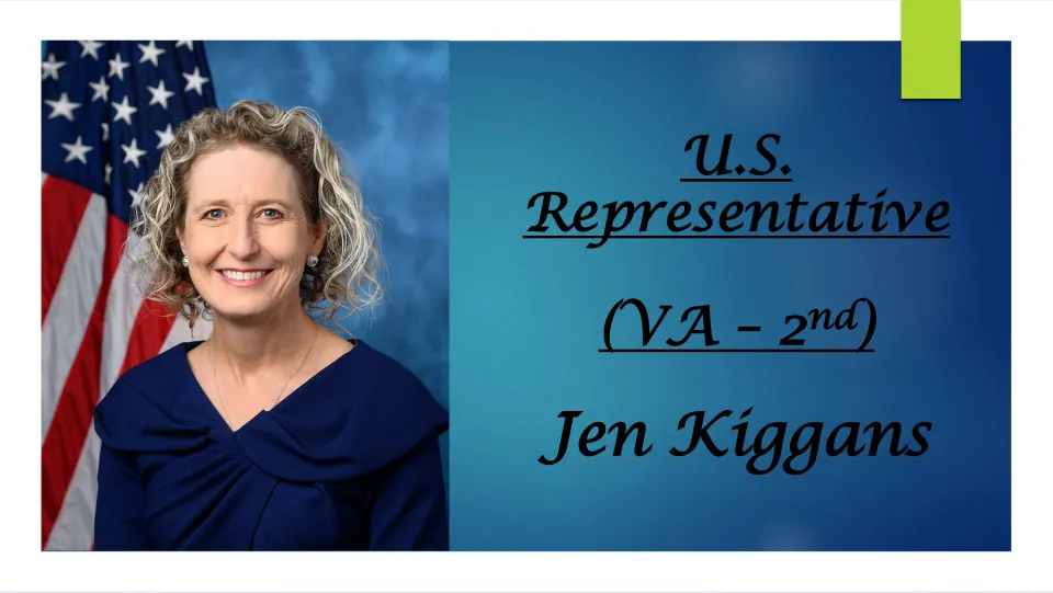 Biography presentation cover identifying Jen Kiggans as U.S. Representative for Virginia's 2nd district
