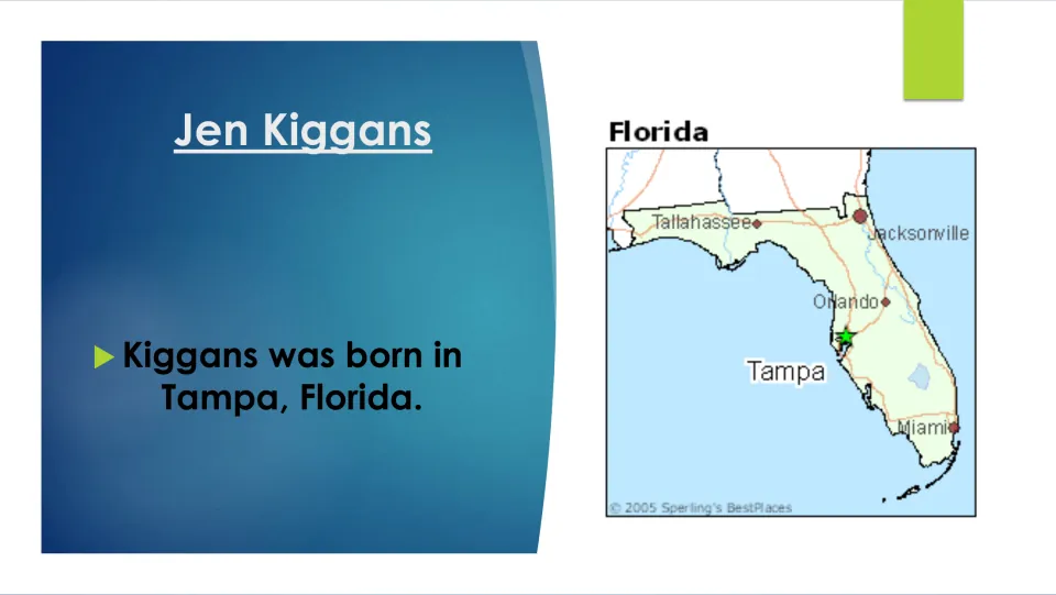 Biography slide naming Tampa, Florida, as Jen Kiggans' birthplace, accompanied by a labeled Florida map