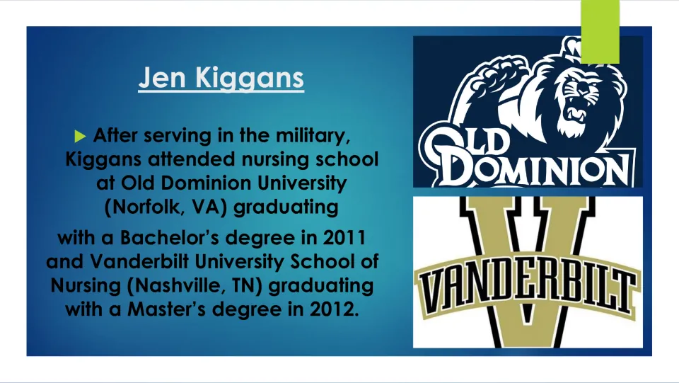 Biography slide listing Jen Kiggans' nursing degrees from Old Dominion in 2011 and Vanderbilt in 2012