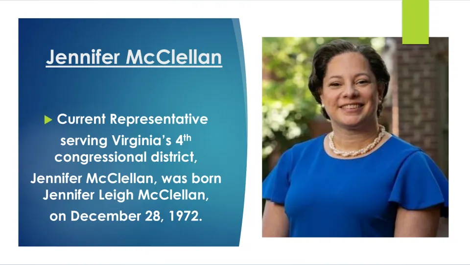 Biography slide giving Jennifer McClellan’s full birth name and her birth date of December 28, 1972