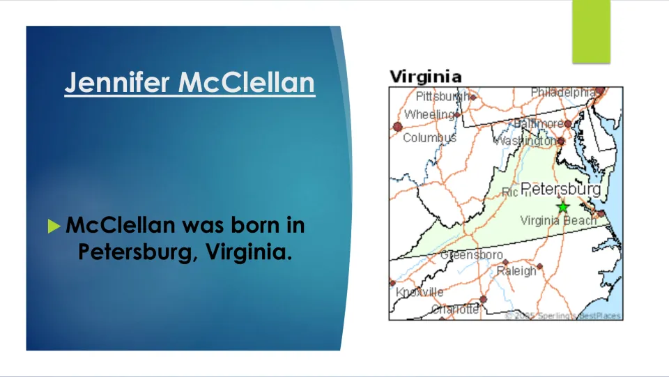 Biography slide identifying Petersburg, Virginia, as Jennifer McClellan’s birthplace, with a location map