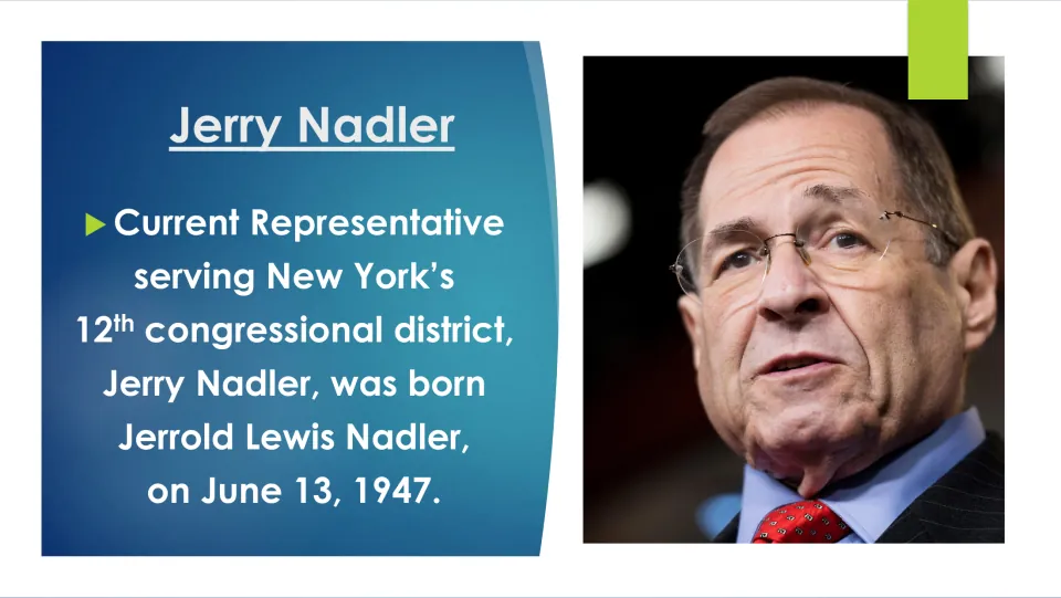 Biography slide introducing Jerry Nadler as Jerrold Lewis Nadler, born June 13, 1947, with his portrait