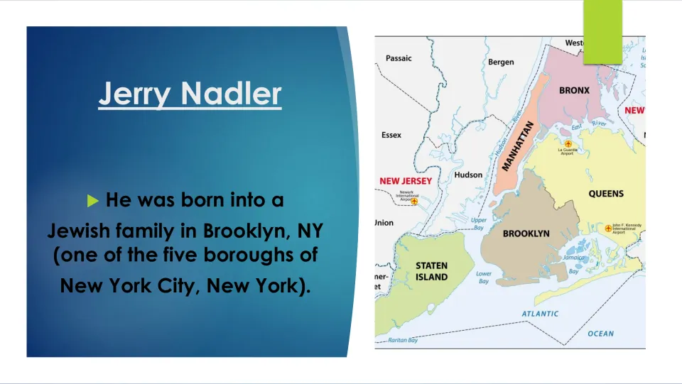 Biography slide on Jerry Nadler’s birth into a Jewish family in Brooklyn, with a map of New York City