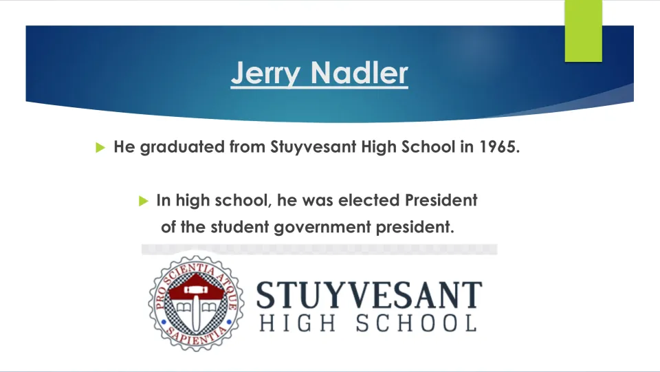 Biography slide covering Nadler’s 1965 Stuyvesant High School graduation and student government presidency