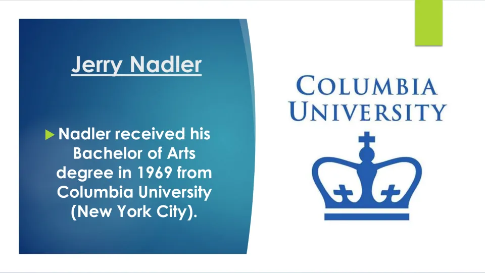 Biography slide stating that Jerry Nadler earned his Bachelor of Arts from Columbia University in 1969