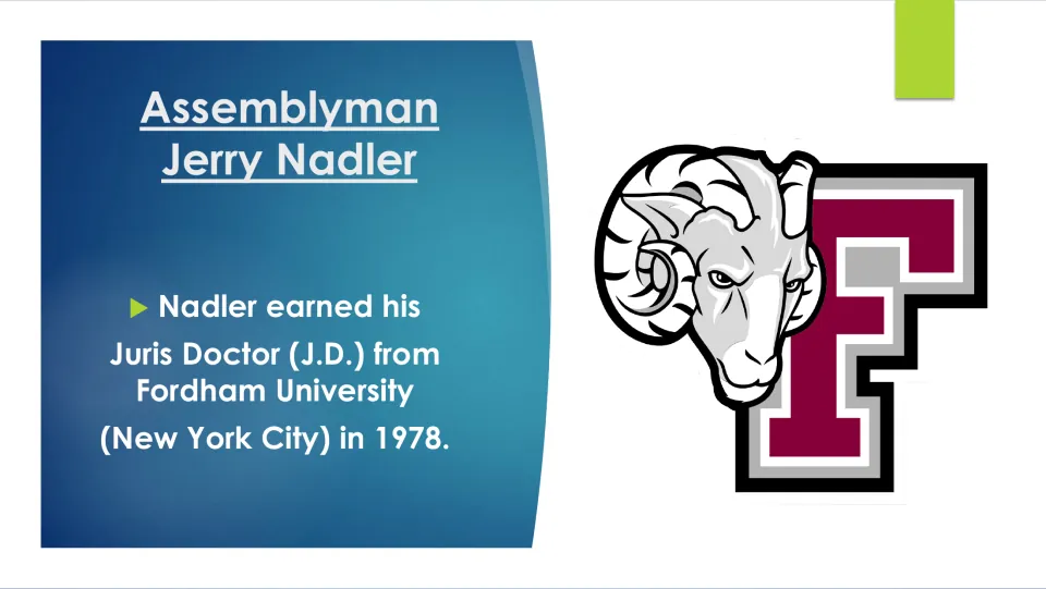 Biography slide stating that Assemblyman Jerry Nadler earned his Juris Doctor from Fordham in 1978