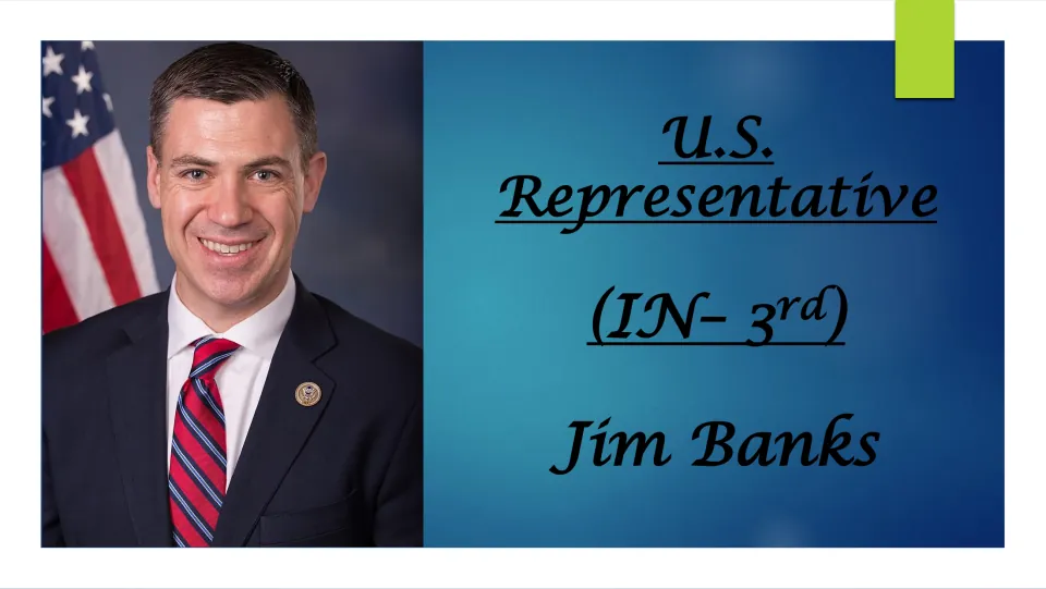 Biography presentation cover identifying Jim Banks as U.S. Representative for Indiana's 3rd district