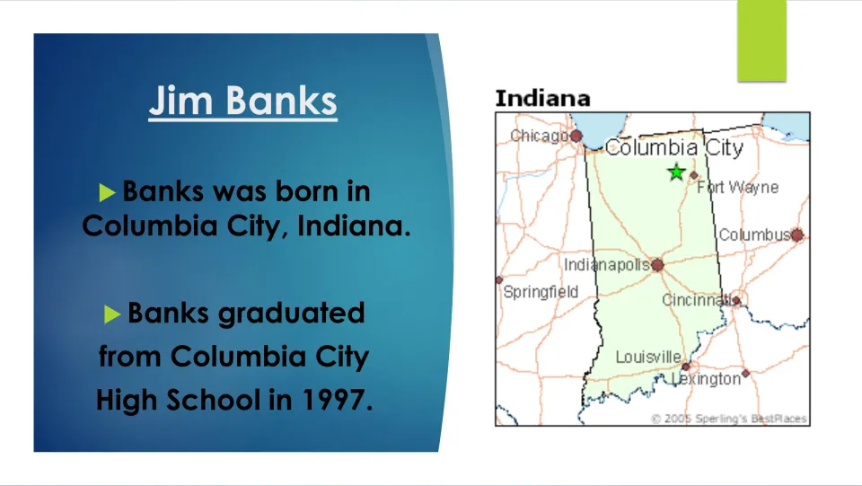 Biography slide on Banks's Columbia City, Indiana, birthplace and 1997 Columbia City High School graduation