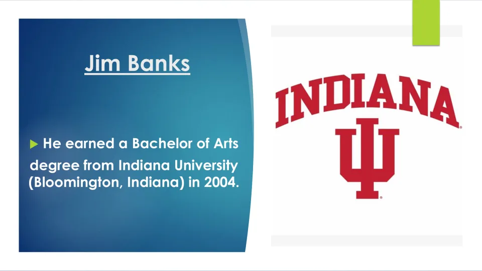 Biography slide stating that Banks earned a Bachelor of Arts degree from Indiana University in 2004