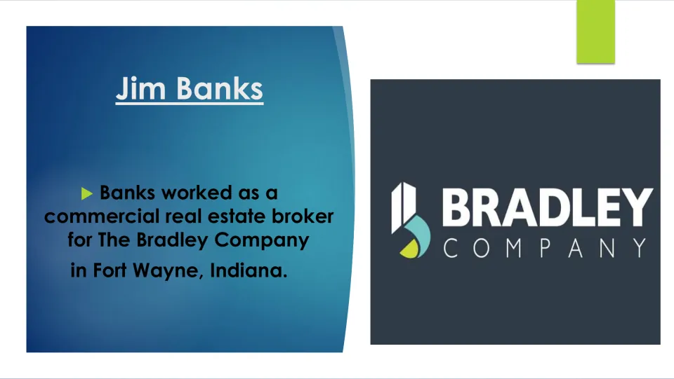 Biography slide describing Banks's work as a commercial real estate broker for the Bradley Company