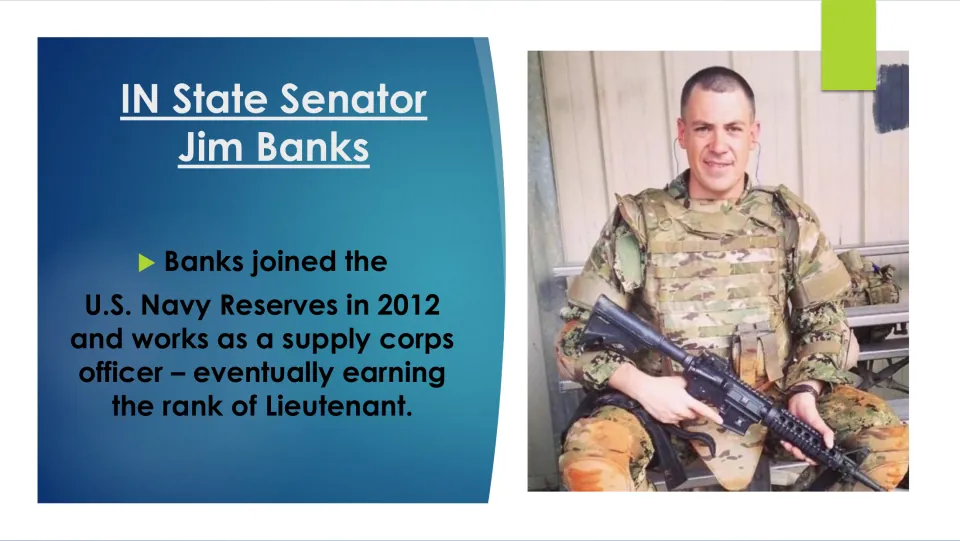 Biography slide on Banks joining the U.S. Navy Reserves in 2012 and becoming a supply corps lieutenant
