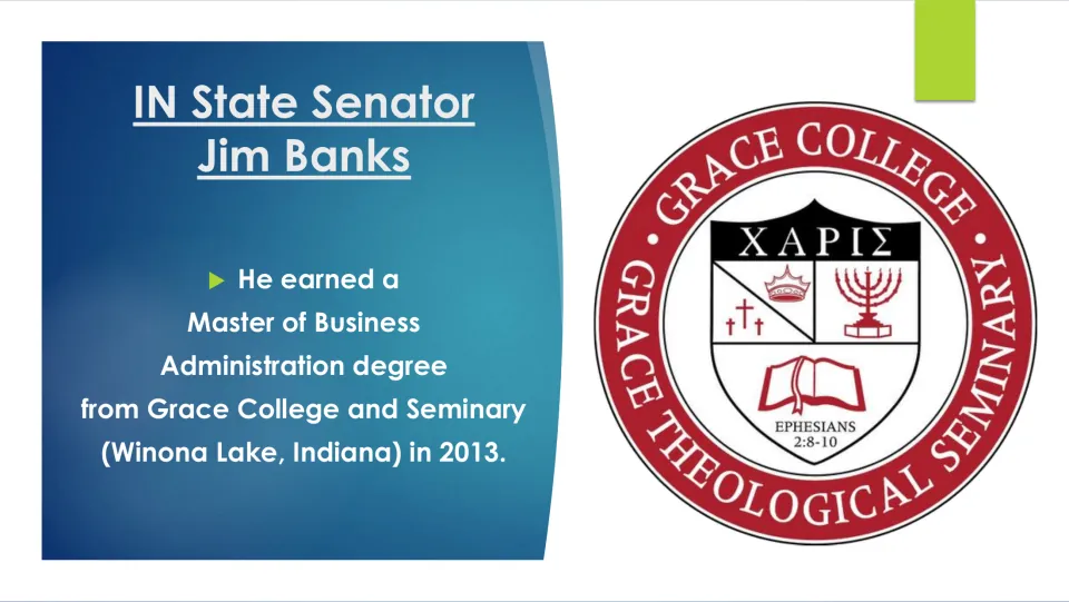 Biography slide stating Banks earned a Master of Business Administration from Grace College and Seminary in 2013
