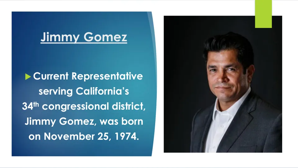 Biography slide introducing Jimmy Gomez, his November 25, 1974 birth date, and California's 34th district