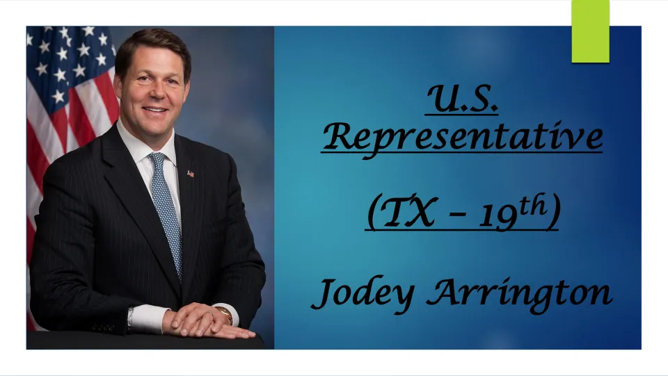 Biography presentation cover introducing Jodey Arrington as U.S. Representative for Texas’ 19th district