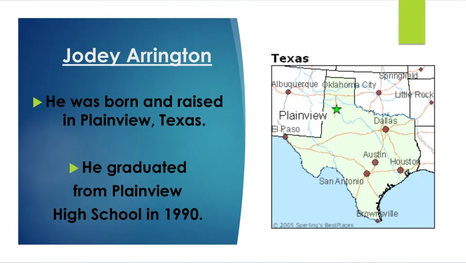 Biography slide on Arrington’s Plainview, Texas, upbringing and graduation from Plainview High School in 1990